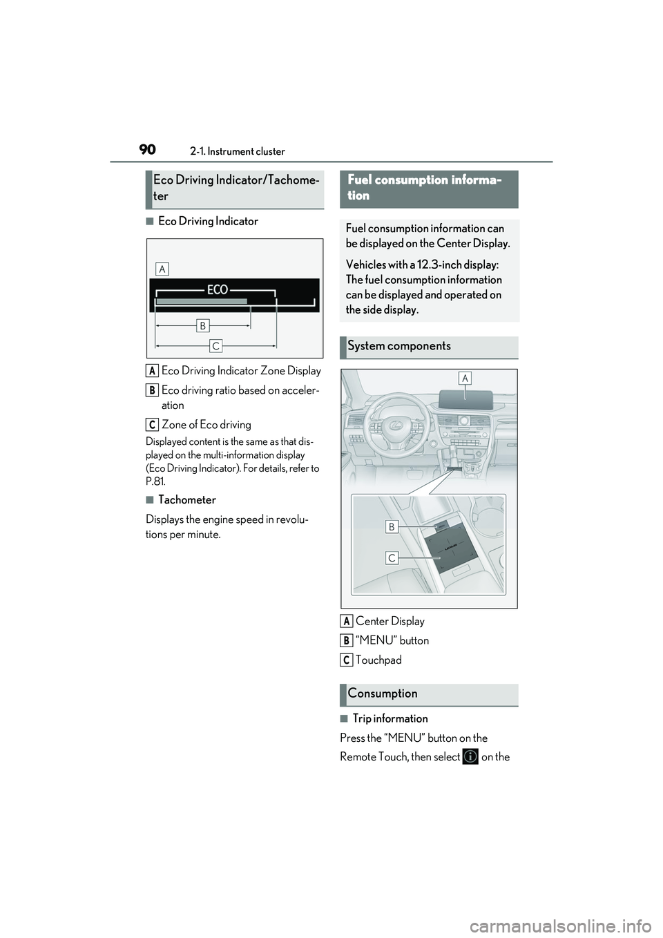 LEXUS RX350 2022  Owners Manual 902-1. Instrument cluster
■Eco Driving IndicatorEco Driving Indicator Zone Display
Eco driving ratio based on acceler-
ation
Zone of Eco driving
Displayed content is th e same as that dis-
played on