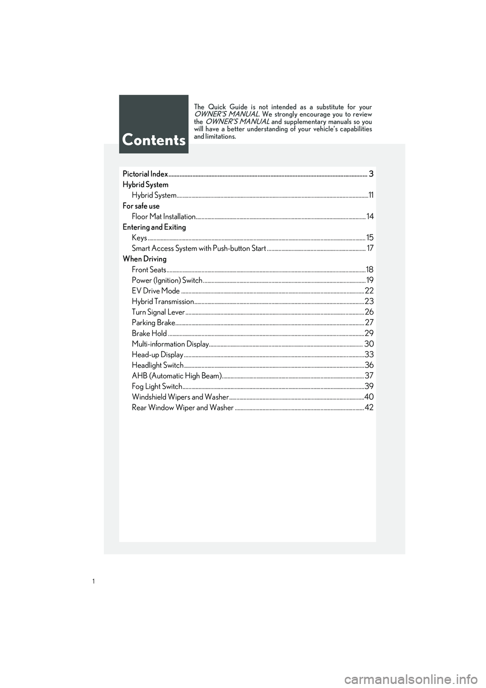 LEXUS UX 2023 Owners Manual 1
UX250h_QG_OM76642U_(U)
Pictorial Index ............................................................................................................................. 3
Hybrid System Hybrid System.... LEXUS UX 2023 Owners Manual 1
UX250h_QG_OM76642U_(U)
Pictorial Index ............................................................................................................................. 3
Hybrid System Hybrid System....