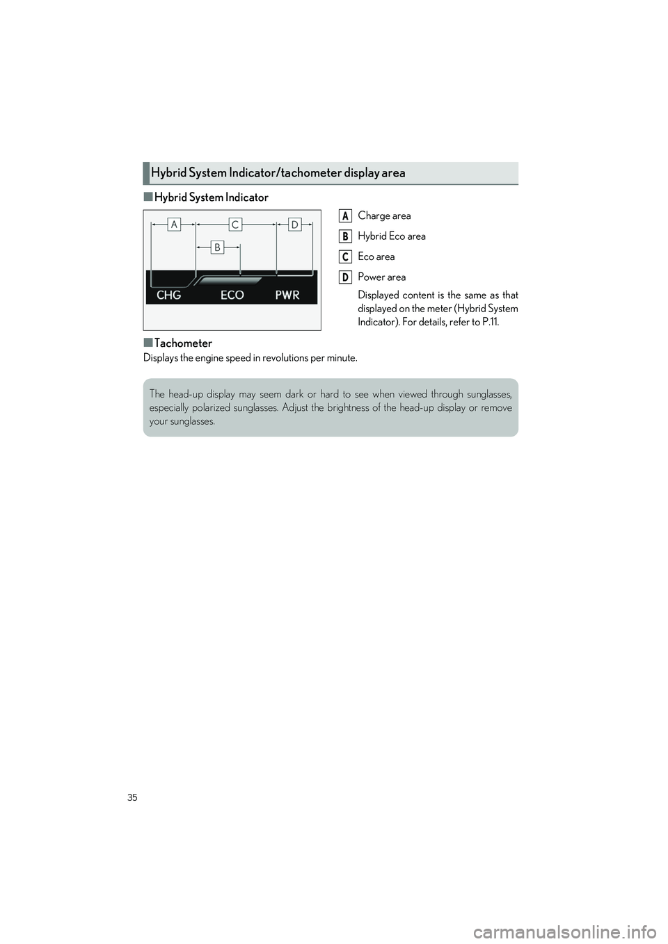 LEXUS UX 2024  Owners Manual 35
UX250h_QG_OM76733U_(U)
■Hybrid System Indicator
Charge area
Hybrid Eco area
Eco area
Power area
Displayed content is the same as that
displayed on the meter (Hybrid System
Indicator). For details