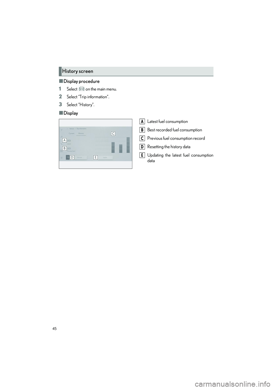 LEXUS UX 2024  Owners Manual 45
UX250h_QG_OM76733U_(U)
■Display procedure
1
Select   on the main menu.
2Select “Trip information”.
3Select “History”.
■Display
Latest fuel consumption
Best recorded fuel consumption
Pre