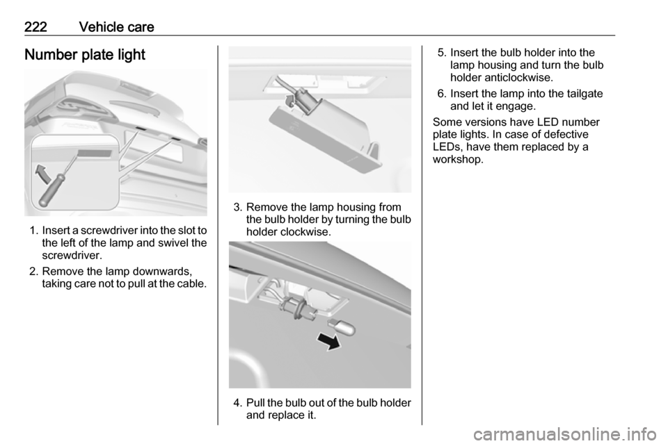 OPEL AMPERA E 2018.5  Manual user 222Vehicle careNumber plate light
1.Insert a screwdriver into the slot to
the left of the lamp and swivel the screwdriver.
2. Remove the lamp downwards, taking care not to pull at the cable.
3. Remove