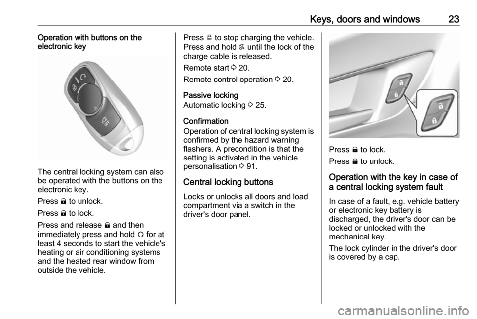 OPEL AMPERA E 2018.5  Manual user Keys, doors and windows23Operation with buttons on the
electronic key
The central locking system can also
be operated with the buttons on the
electronic key.
Press  ( to unlock.
Press  ) to lock.
Pres