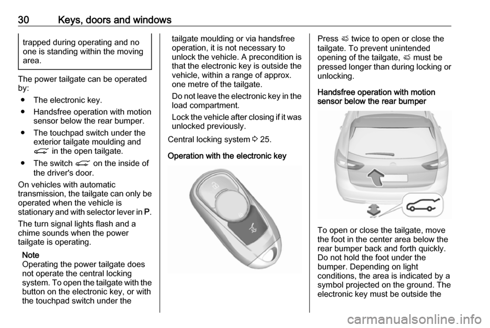 OPEL INSIGNIA BREAK 2019  Owners Manual 30Keys, doors and windowstrapped during operating and no
one is standing within the moving
area.
The power tailgate can be operated
by:
● The electronic key.
● Handsfree operation with motion sens