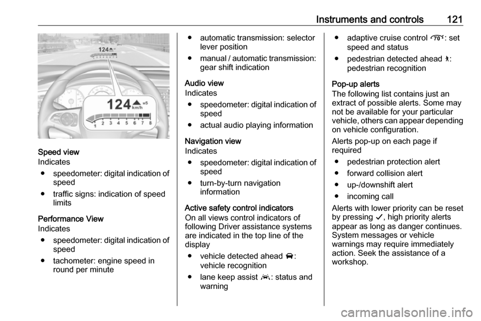 OPEL INSIGNIA BREAK 2019.5  Manual user Instruments and controls121
Speed view
Indicates
● speedometer: digital indication of
speed
● traffic signs: indication of speed limits
Performance View
Indicates
● speedometer: digital indicati