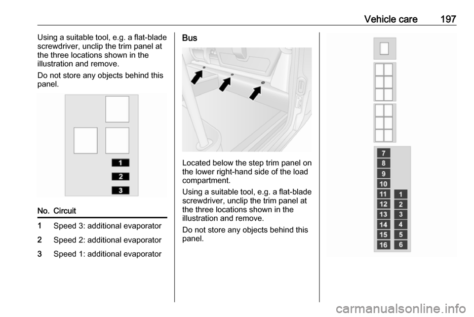 OPEL MOVANO_B 2017.5  Manual user Vehicle care197Using a suitable tool, e.g. a flat-blade
screwdriver, unclip the trim panel at
the three locations shown in the
illustration and remove.
Do not store any objects behind this
panel.No.Ci