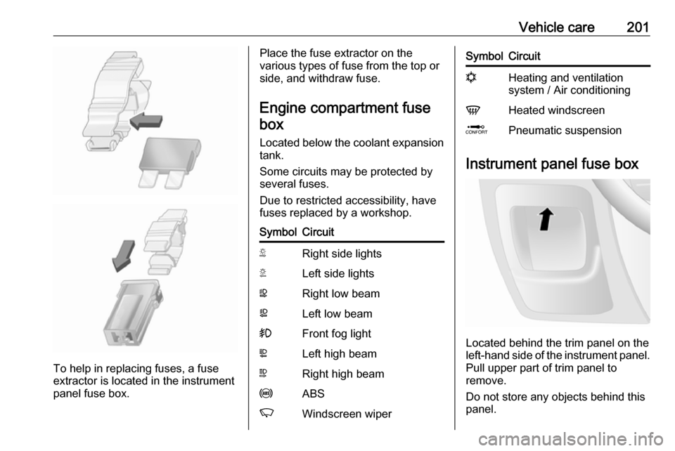 OPEL MOVANO_B 2019  Manual user Vehicle care201
To help in replacing fuses, a fuse
extractor is located in the instrument
panel fuse box.
Place the fuse extractor on the
various types of fuse from the top or
side, and withdraw fuse.