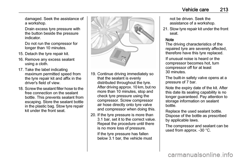 OPEL MOVANO_B 2019  Manual user Vehicle care213damaged. Seek the assistance of
a workshop.
Drain excess tyre pressure with
the button beside the pressure
indicator.
Do not run the compressor for
longer than 10 minutes.
15. Detach th