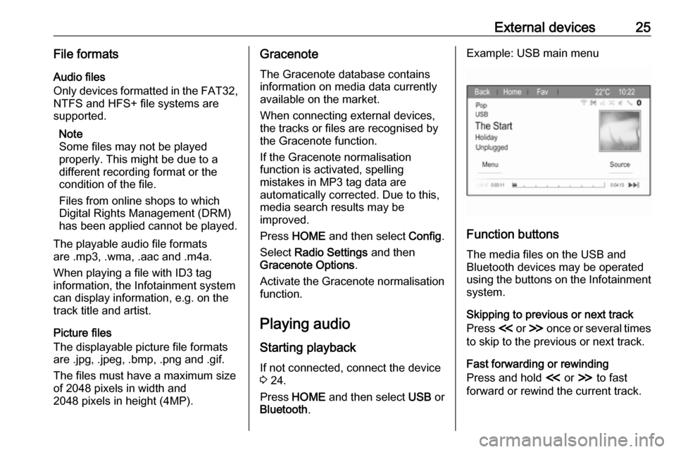 OPEL ZAFIRA C 2017  Infotainment system External devices25File formatsAudio files
Only devices formatted in the  FAT32,
NTFS and HFS+ file systems are
supported.
Note
Some files may not be played
properly. This might be due to a
different r