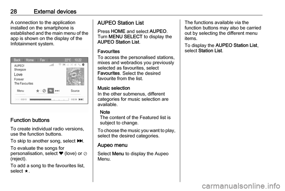 OPEL ZAFIRA C 2017  Infotainment system 28External devicesA connection to the application
installed on the smartphone is
established and the main menu of the app is shown on the display of the
Infotainment system.
Function buttons
To create