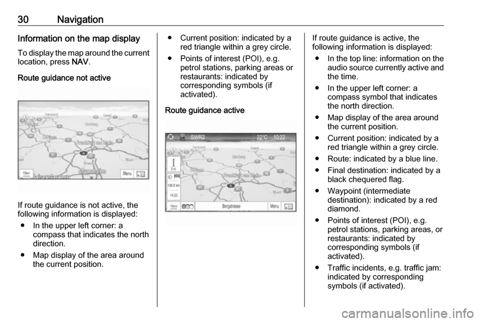 OPEL ZAFIRA C 2017  Infotainment system 30NavigationInformation on the map display
To display the map around the current location, press  NAV.
Route guidance not active
If route guidance is not active, the
following information is displayed