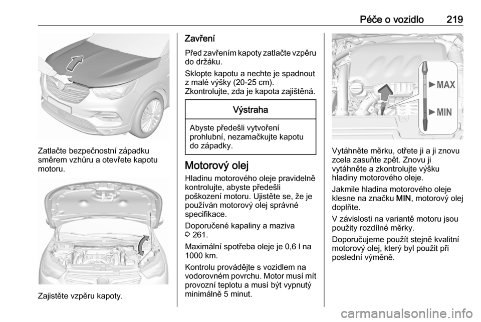 OPEL GRANDLAND X 2020  Uživatelská příručka (in Czech) Péče o vozidlo219
Zatlačte bezpečnostní západku
směrem vzhůru a otevřete kapotu
motoru.
Zajistěte vzpěru kapoty.
Zavření
Před zavřením kapoty zatlačte vzpěru
do držáku.
Sklopte kap