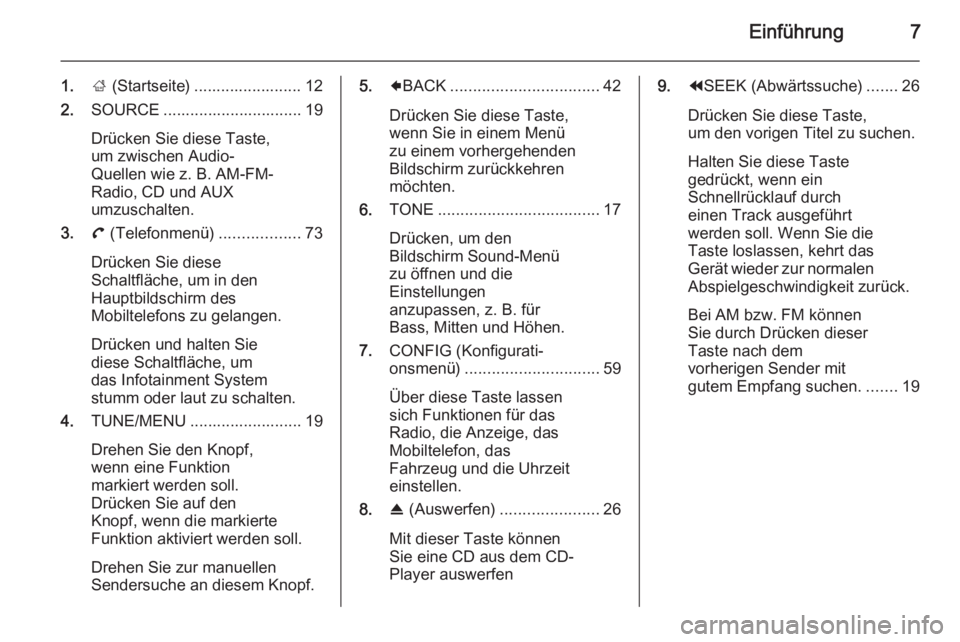OPEL AMPERA 2014  Infotainment-Handbuch (in German) Einführung7
1.; (Startseite) ........................ 12
2. SOURCE ............................... 19
Drücken Sie diese Taste,
um zwischen Audio-
Quellen wie z. B. AM-FM-
Radio, CD und AUX
umzuschal
