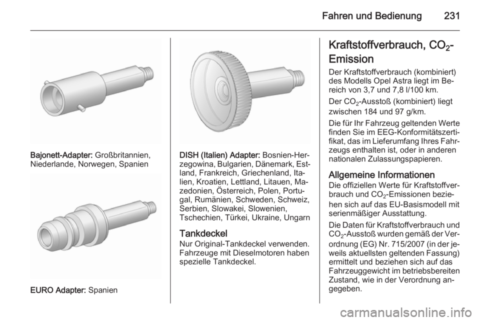 OPEL ASTRA J 2015.5 Betriebsanleitung (in German) Fahren und Bedienung231
Bajonett-Adapter: Großbritannien,
Niederlande, Norwegen, Spanien
EURO Adapter: Spanien
DISH (Italien) Adapter: Bosnien-Her‐
zegowina, Bulgarien, Dänemark, Est‐ land, Fr OPEL ASTRA J 2015.5 Betriebsanleitung (in German) Fahren und Bedienung231
Bajonett-Adapter: Großbritannien,
Niederlande, Norwegen, Spanien
EURO Adapter: Spanien
DISH (Italien) Adapter: Bosnien-Her‐
zegowina, Bulgarien, Dänemark, Est‐ land, Fr