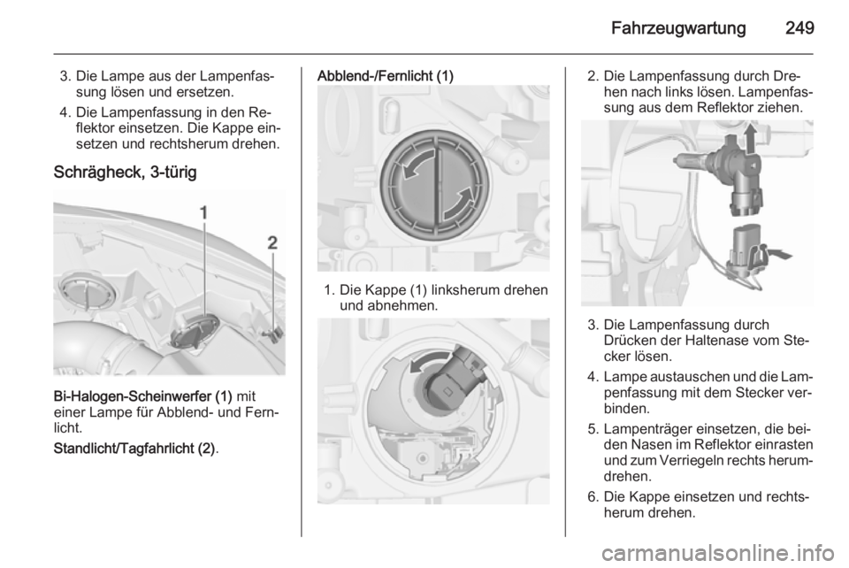 OPEL ASTRA J 2015.5  Betriebsanleitung (in German) Fahrzeugwartung249
3. Die Lampe aus der Lampenfas‐sung lösen und ersetzen.
4. Die Lampenfassung in den Re‐ flektor einsetzen. Die Kappe ein‐
setzen und rechtsherum drehen.
Schrägheck, 3-türig