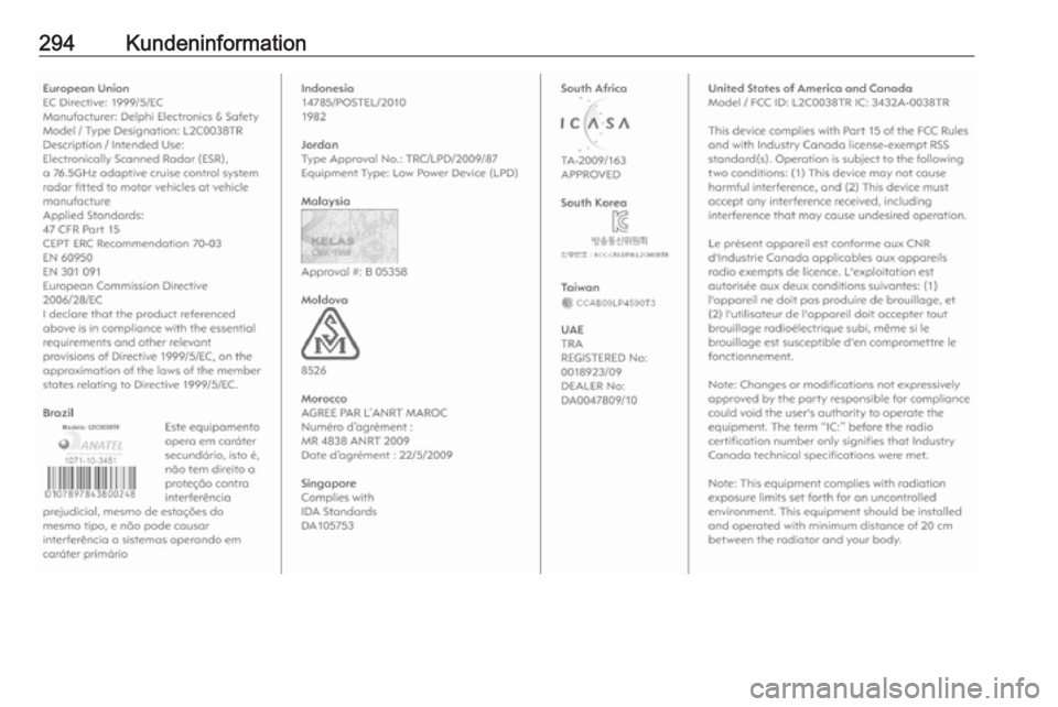 OPEL ASTRA J 2018  Betriebsanleitung (in German) 294Kundeninformation 