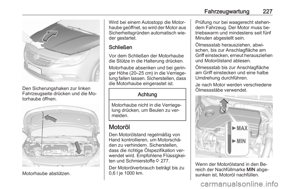 OPEL ASTRA K 2016.5 Betriebsanleitung (in German) Fahrzeugwartung227
Den Sicherungshaken zur linken
Fahrzeugseite drücken und die Mo‐
torhaube öffnen.
Motorhaube abstützen.
Wird bei einem Autostopp die Motor‐
haube geöffnet, so wird der Motor OPEL ASTRA K 2016.5 Betriebsanleitung (in German) Fahrzeugwartung227
Den Sicherungshaken zur linken
Fahrzeugseite drücken und die Mo‐
torhaube öffnen.
Motorhaube abstützen.
Wird bei einem Autostopp die Motor‐
haube geöffnet, so wird der Motor