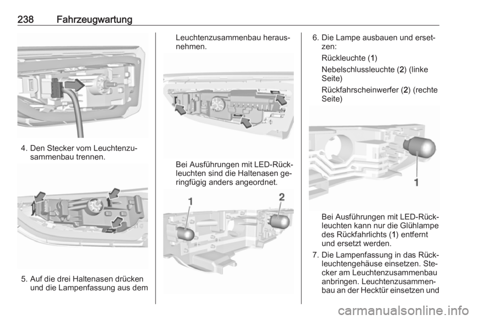 OPEL ASTRA K 2016.5  Betriebsanleitung (in German) 238Fahrzeugwartung
4. Den Stecker vom Leuchtenzu‐sammenbau trennen.
5. Auf die drei Haltenasen drückenund die Lampenfassung aus dem
Leuchtenzusammenbau heraus‐
nehmen.
Bei Ausführungen mit LED-R