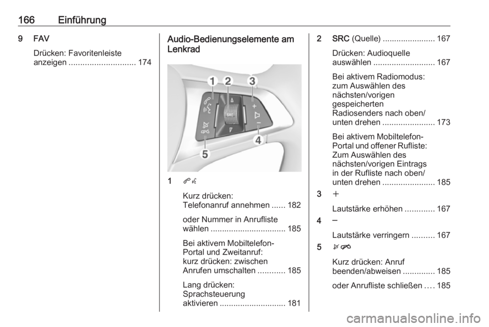 OPEL ASTRA K 2018.5 Infotainment-Handbuch (in German) 166Einführung9 FAVDrücken: Favoritenleiste
anzeigen ............................. 174Audio-Bedienungselemente am
Lenkrad
1 qw
Kurz drücken:
Telefonanruf annehmen ......182
oder Nummer in Anrufliste OPEL ASTRA K 2018.5 Infotainment-Handbuch (in German) 166Einführung9 FAVDrücken: Favoritenleiste
anzeigen ............................. 174Audio-Bedienungselemente am
Lenkrad
1 qw
Kurz drücken:
Telefonanruf annehmen ......182
oder Nummer in Anrufliste
