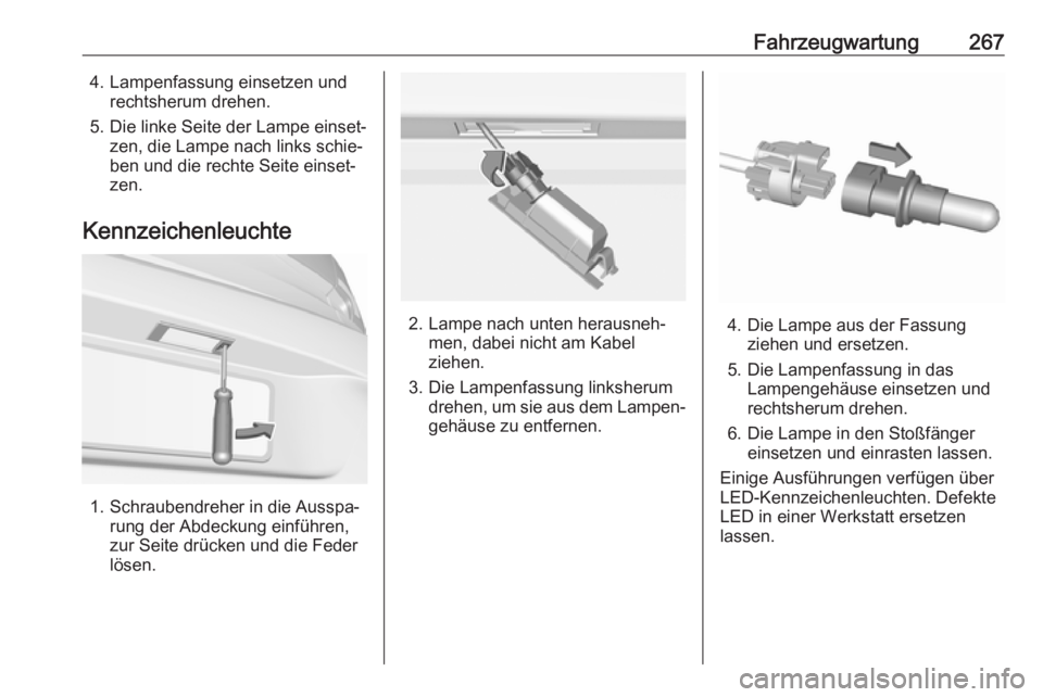 OPEL ASTRA K 2018.5  Betriebsanleitung (in German) Fahrzeugwartung2674. Lampenfassung einsetzen undrechtsherum drehen.
5. Die linke Seite der Lampe einset‐ zen, die Lampe nach links schie‐
ben und die rechte Seite einset‐
zen.
Kennzeichenleuchte