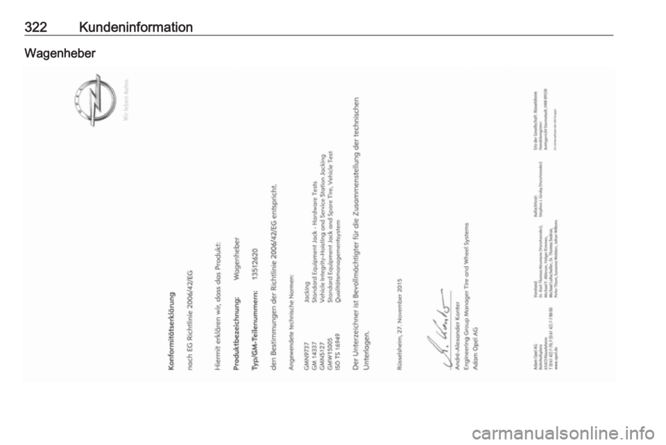 OPEL ASTRA K 2018.5  Betriebsanleitung (in German) 322KundeninformationWagenheber 
