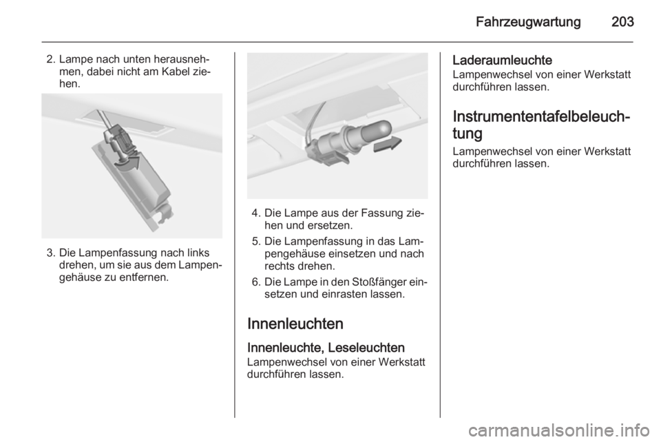 OPEL CASCADA 2014.5  Betriebsanleitung (in German) Fahrzeugwartung203
2. Lampe nach unten herausneh‐men, dabei nicht am Kabel zie‐
hen.
3. Die Lampenfassung nach links drehen, um sie aus dem Lampen‐
gehäuse zu entfernen.
4. Die Lampe aus der Fa