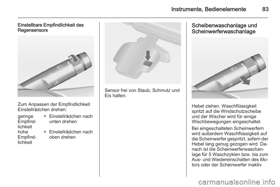 OPEL CASCADA 2014.5  Betriebsanleitung (in German) Instrumente, Bedienelemente83
Einstellbare Empfindlichkeit des
Regensensors
Zum Anpassen der Empfindlichkeit
Einstellrädchen drehen:
geringe
Empfind‐
lichkeit=Einstellrädchen nach
unten drehenhohe