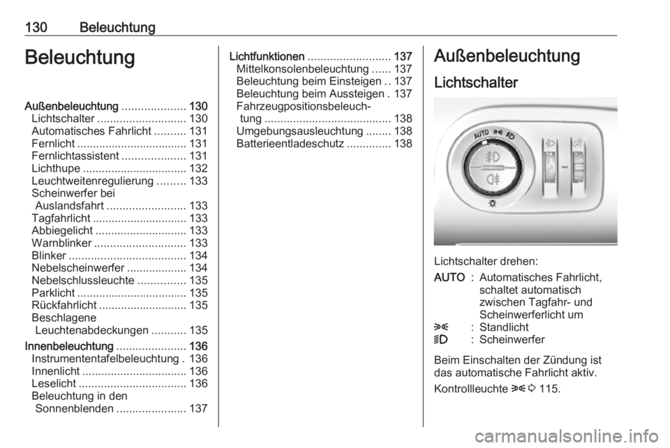 OPEL COMBO E 2019.1 Betriebsanleitung (in German) 130BeleuchtungBeleuchtungAußenbeleuchtung....................130
Lichtschalter ............................ 130
Automatisches Fahrlicht ..........131
Fernlicht ................................... 131 OPEL COMBO E 2019.1 Betriebsanleitung (in German) 130BeleuchtungBeleuchtungAußenbeleuchtung....................130
Lichtschalter ............................ 130
Automatisches Fahrlicht ..........131
Fernlicht ................................... 131