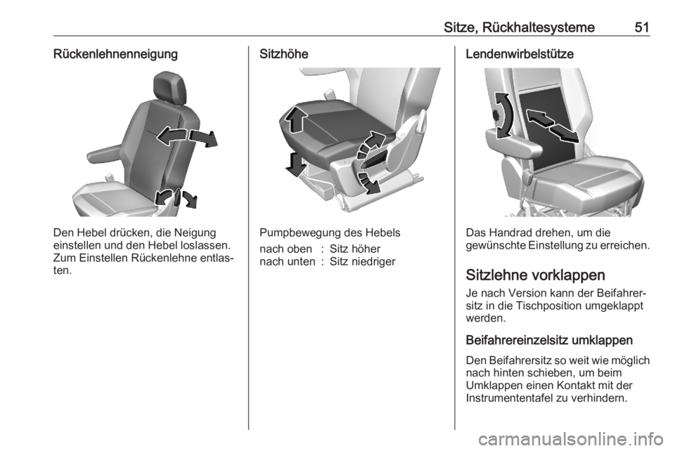 OPEL COMBO E 2020  Betriebsanleitung (in German) Sitze, Rückhaltesysteme51Rückenlehnenneigung
Den Hebel drücken, die Neigung
einstellen und den Hebel loslassen. Zum Einstellen Rückenlehne entlas‐
ten.
Sitzhöhe
Pumpbewegung des Hebels
nach obe