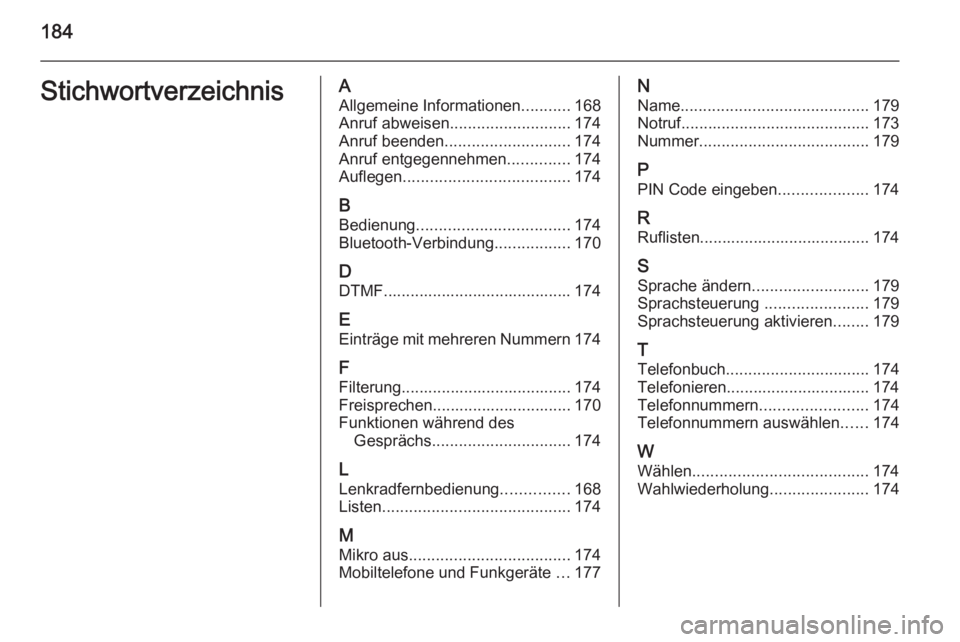 OPEL CORSA 2014.5  Betriebsanleitung (in German) 184StichwortverzeichnisAAllgemeine Informationen ...........168
Anruf abweisen ........................... 174
Anruf beenden ............................ 174
Anruf entgegennehmen ..............174
Auf