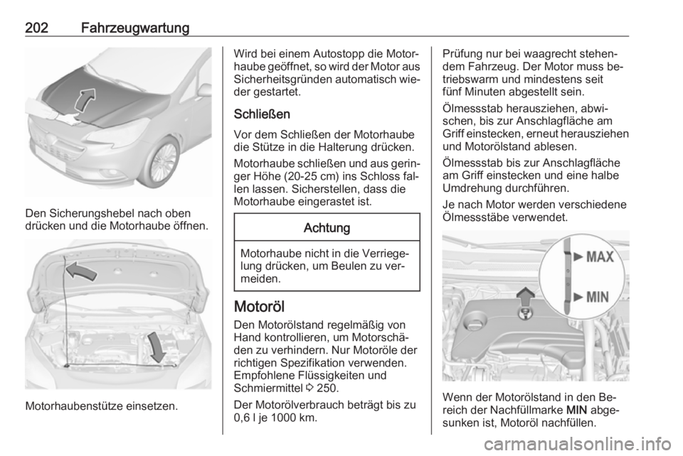 OPEL CORSA 2016 Betriebsanleitung (in German) 202Fahrzeugwartung
Den Sicherungshebel nach oben
drücken und die Motorhaube öffnen.
Motorhaubenstütze einsetzen.
Wird bei einem Autostopp die Motor‐
haube geöffnet, so wird der Motor aus
Sicherh OPEL CORSA 2016 Betriebsanleitung (in German) 202Fahrzeugwartung
Den Sicherungshebel nach oben
drücken und die Motorhaube öffnen.
Motorhaubenstütze einsetzen.
Wird bei einem Autostopp die Motor‐
haube geöffnet, so wird der Motor aus
Sicherh