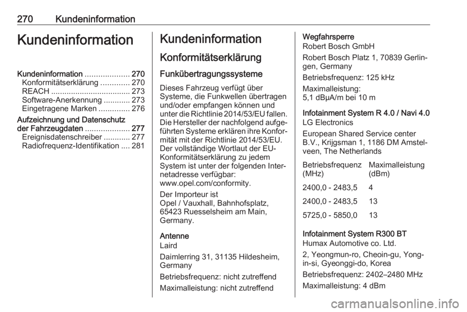 OPEL CORSA E 2018.5  Betriebsanleitung (in German) 270KundeninformationKundeninformationKundeninformation....................270
Konformitätserklärung .............270
REACH .................................... 273
Software-Anerkennung ............2