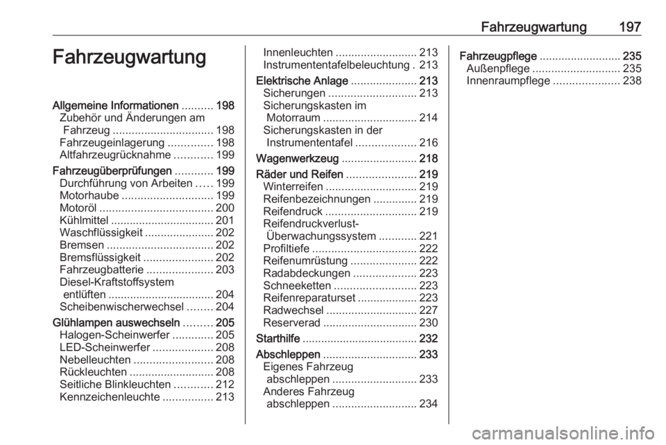 OPEL CROSSLAND X 2018  Betriebsanleitung (in German) Fahrzeugwartung197FahrzeugwartungAllgemeine Informationen..........198
Zubehör und Änderungen am Fahrzeug ................................ 198
Fahrzeugeinlagerung ..............198
Altfahrzeugrückn