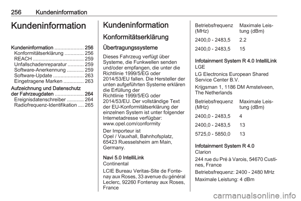 OPEL CROSSLAND X 2018  Betriebsanleitung (in German) 256KundeninformationKundeninformationKundeninformation....................256
Konformitätserklärung .............256
REACH .................................... 259
Unfallschadenreparatur ...........