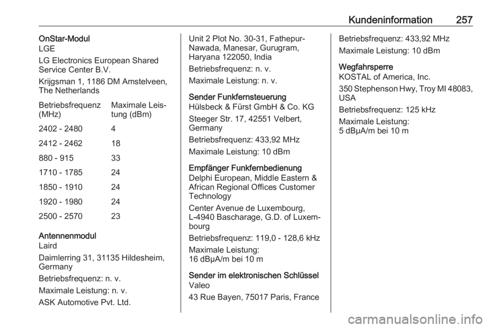 OPEL CROSSLAND X 2018  Betriebsanleitung (in German) Kundeninformation257OnStar-Modul
LGE
LG Electronics European Shared
Service Center B.V.
Krijgsman 1, 1186 DM Amstelveen,
The NetherlandsBetriebsfrequenz
(MHz)Maximale Leis‐
tung (dBm)2402 - 24804241