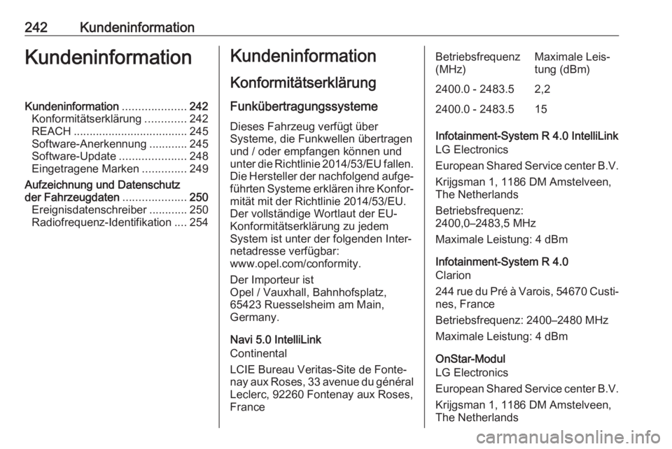OPEL CROSSLAND X 2019.75  Betriebsanleitung (in German) 242KundeninformationKundeninformationKundeninformation....................242
Konformitätserklärung .............242
REACH .................................... 245
Software-Anerkennung ............2