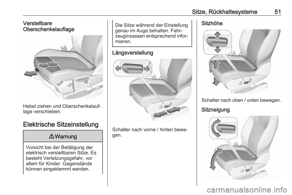 OPEL GRANDLAND X 2019  Betriebsanleitung (in German) Sitze, Rückhaltesysteme51Verstellbare
Oberschenkelauflage
Hebel ziehen und Oberschenkelauf‐
lage verschieben.
Elektrische Sitzeinstellung
9 Warnung
Vorsicht bei der Betätigung der
elektrisch verst