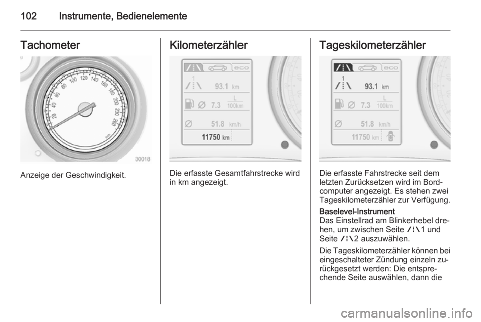 OPEL INSIGNIA 2014  Betriebsanleitung (in German) 102Instrumente, BedienelementeTachometer
Anzeige der Geschwindigkeit.
Kilometerzähler
Die erfasste Gesamtfahrstrecke wird
in km angezeigt.
Tageskilometerzähler
Die erfasste Fahrstrecke seit dem
letz