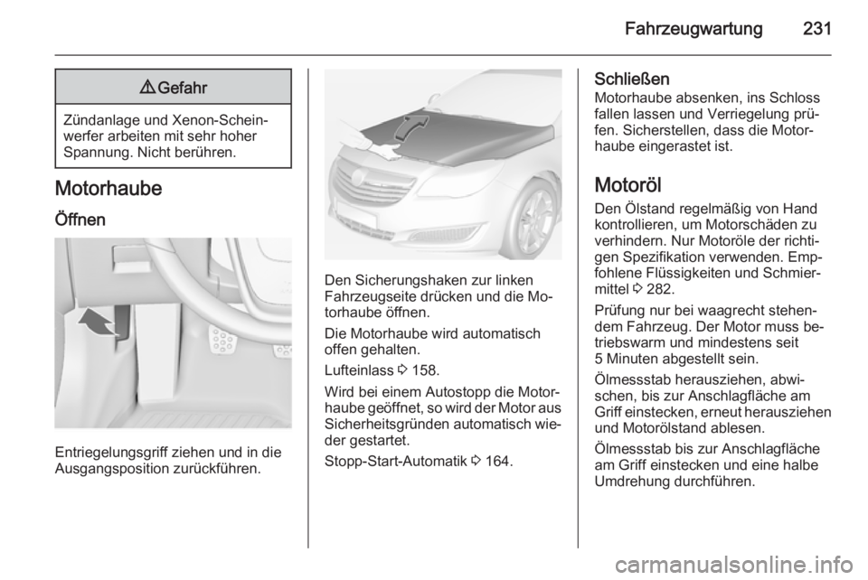 OPEL INSIGNIA 2015  Betriebsanleitung (in German) Fahrzeugwartung2319Gefahr
Zündanlage und Xenon-Schein‐
werfer arbeiten mit sehr hoher
Spannung. Nicht berühren.
Motorhaube
Öffnen
Entriegelungsgriff ziehen und in die
Ausgangsposition zurückfüh