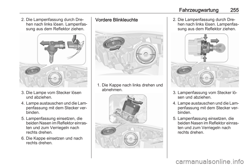 OPEL INSIGNIA 2016.5  Betriebsanleitung (in German) Fahrzeugwartung2552. Die Lampenfassung durch Dre‐hen nach links lösen. Lampenfas‐sung aus dem Reflektor ziehen.
3. Die Lampe vom Stecker lösen und abziehen.
4. Lampe austauschen und die Lam‐
p