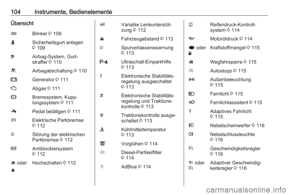 OPEL INSIGNIA 2017 Betriebsanleitung (in German) 104Instrumente, BedienelementeÜbersichtOBlinker 3 109XSicherheitsgurt anlegen
3 109vAirbag-System, Gurt‐
straffer 3 110VAirbagabschaltung 3 110pGenerator 3 111ZAbgas 3 111RBremssystem, Kupp‐ OPEL INSIGNIA 2017 Betriebsanleitung (in German) 104Instrumente, BedienelementeÜbersichtOBlinker 3 109XSicherheitsgurt anlegen
3 109vAirbag-System, Gurt‐
straffer 3 110VAirbagabschaltung 3 110pGenerator 3 111ZAbgas 3 111RBremssystem, Kupp‐