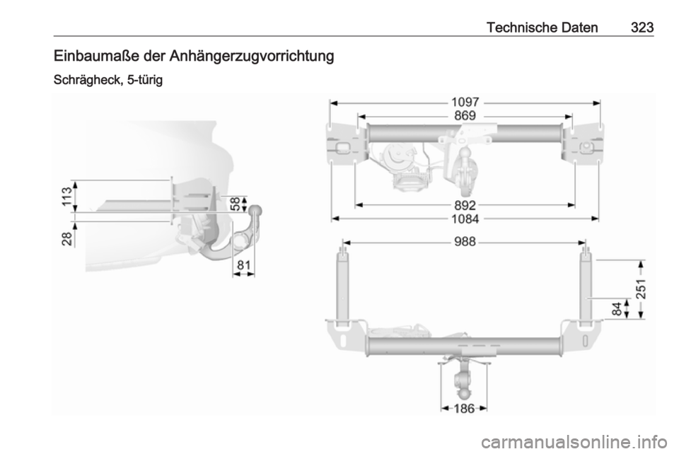 OPEL INSIGNIA BREAK 2017.75  Betriebsanleitung (in German) Technische Daten323Einbaumaße der Anhängerzugvorrichtung
Schrägheck, 5-türig 
