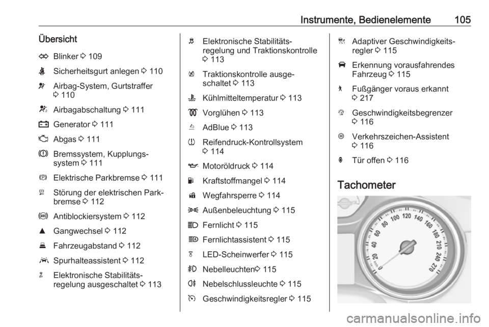 OPEL INSIGNIA BREAK 2018.5  Betriebsanleitung (in German) Instrumente, Bedienelemente105ÜbersichtOBlinker 3 109XSicherheitsgurt anlegen  3 110vAirbag-System, Gurtstraffer
3  110VAirbagabschaltung  3 111pGenerator  3 111ZAbgas  3 111RBremssystem, Kupplungs