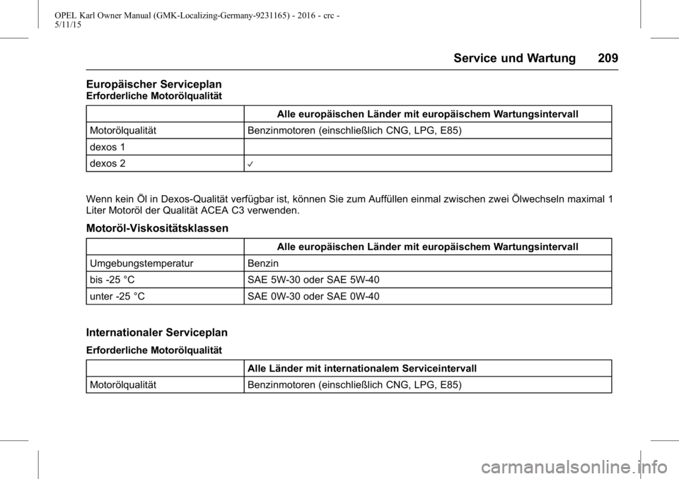 OPEL KARL 2015.75  Betriebsanleitung (in German) OPEL Karl Owner Manual (GMK-Localizing-Germany-9231165) - 2016 - crc -
5/11/15
Service und Wartung 209
Europäischer Serviceplan
Erforderliche MotorölqualitätAlle europäischen Länder mit europäis