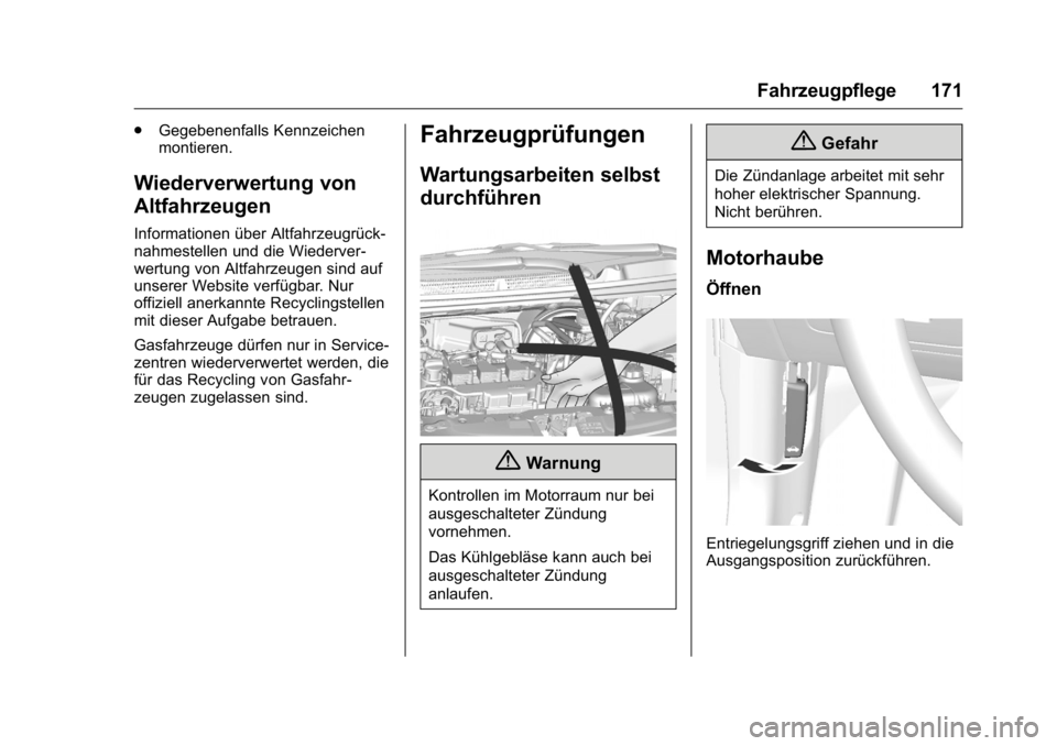 OPEL KARL 2016  Betriebsanleitung (in German) OPEL Karl Owner Manual (GMK-Localizing-Germany-9231165) - 2016 - crc -
9/10/15
Fahrzeugpflege 171
.Gegebenenfalls Kennzeichen
montieren.
Wiederverwertung von
Altfahrzeugen
Informationen über Altfahrz