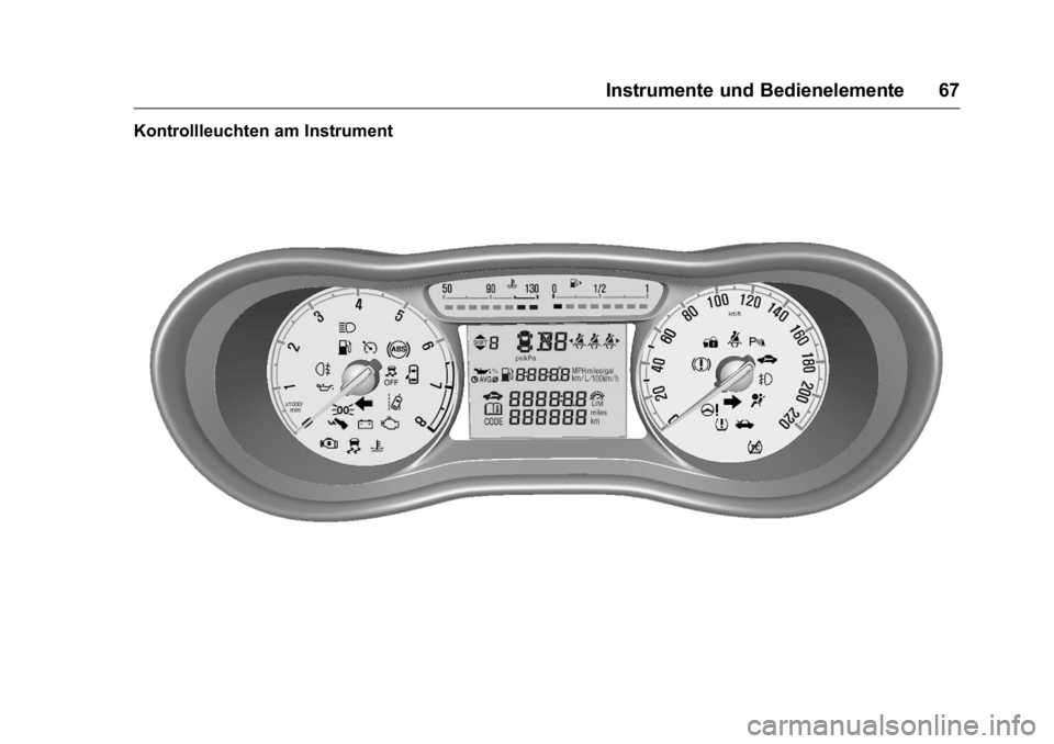 OPEL KARL 2016  Betriebsanleitung (in German) OPEL Karl Owner Manual (GMK-Localizing-Germany-9231165) - 2016 - crc -
9/10/15
Instrumente und Bedienelemente 67
Kontrollleuchten am Instrument 