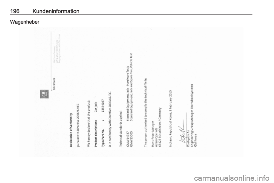 OPEL KARL 2018.5  Betriebsanleitung (in German) 196KundeninformationWagenheber 