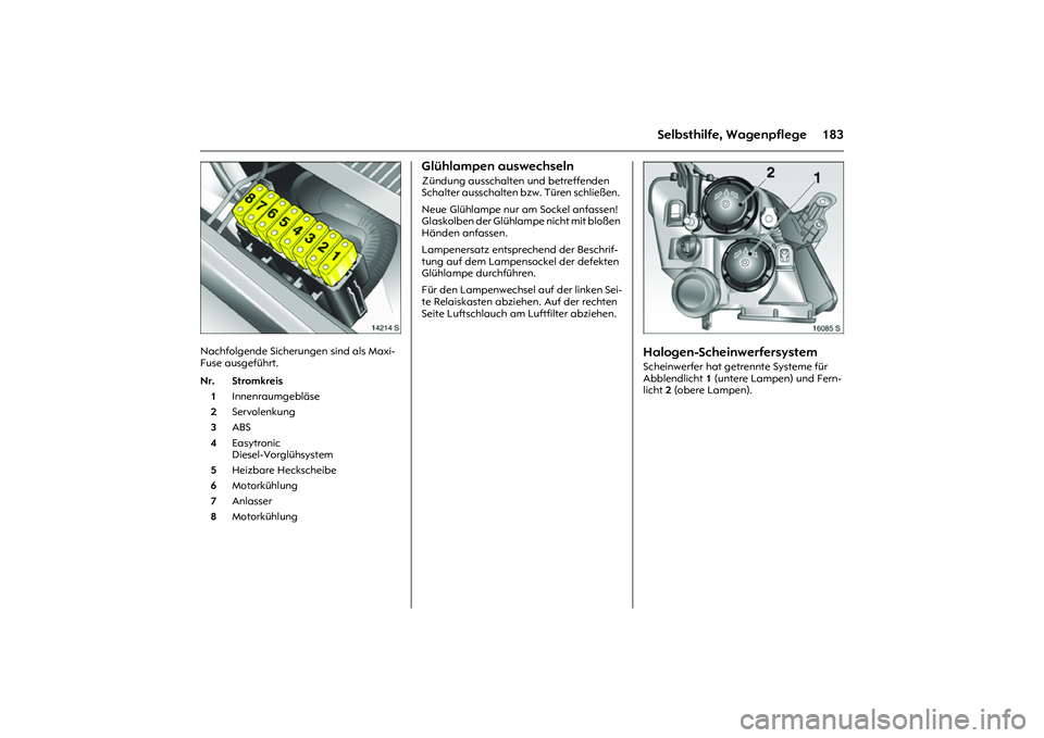 OPEL MERIVA 2010  Betriebsanleitung (in German) 183
Selbsthilfe, Wagenpflege
Picture no: 14214s.tif
Nachfolgende Sicherungen sind als Maxi-
Fuse ausgeführt.  
Glühlampen auswechseln Zündung ausschalten und betreffenden 
Schalter ausschalten bzw.