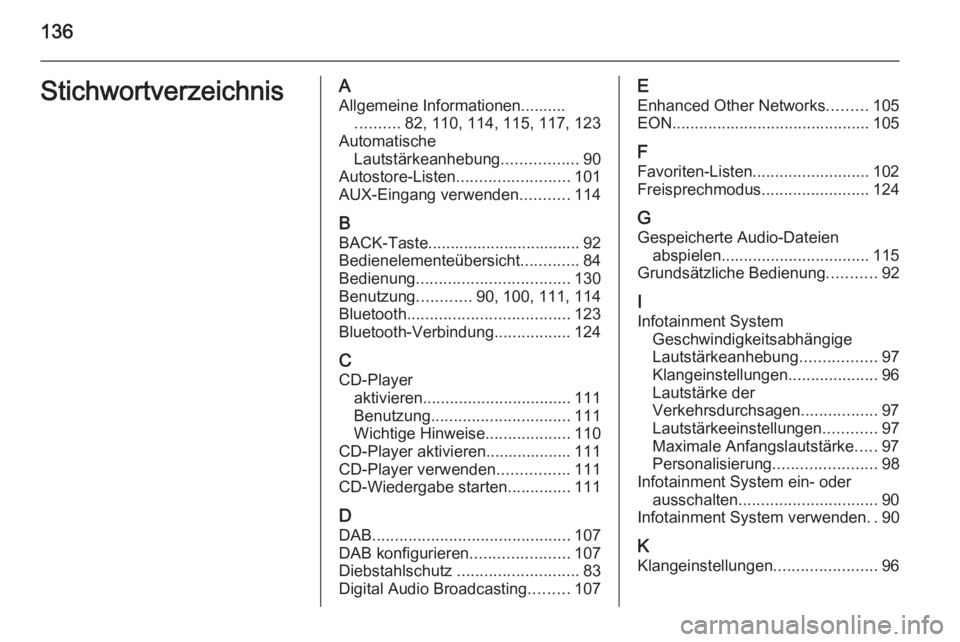 OPEL MERIVA 2014.5  Infotainment-Handbuch (in German) 136StichwortverzeichnisAAllgemeine Informationen.......... .......... 82, 110, 114, 115, 117, 123
Automatische Lautstärkeanhebung .................90
Autostore-Listen ......................... 101
AU