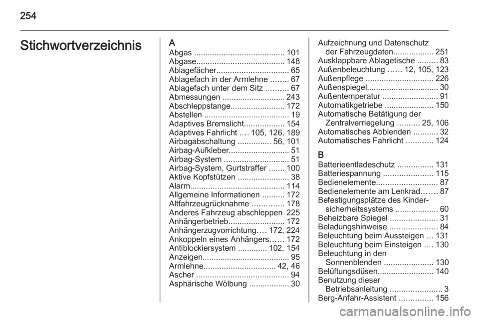 OPEL MERIVA 2015  Betriebsanleitung (in German) 254StichwortverzeichnisAAbgas  ........................................ 101
Abgase ....................................... 148
Ablagefächer ................................ 65
Ablagefach in der Armle