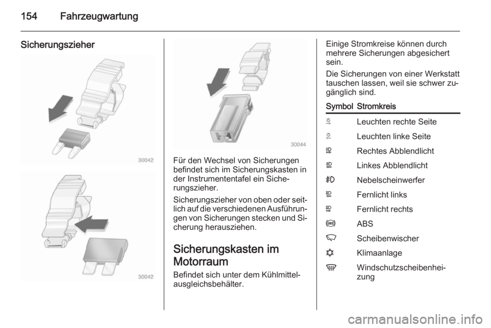 OPEL MOVANO_B 2014  Betriebsanleitung (in German) 154Fahrzeugwartung
Sicherungszieher
Für den Wechsel von Sicherungen
befindet sich im Sicherungskasten in
der Instrumententafel ein Siche‐
rungszieher.
Sicherungszieher von oben oder seit‐ lich au